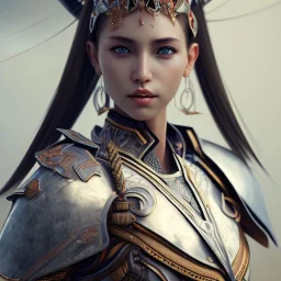 portrait of a warrior with japanese godddes beautiful girl themed armour, extremely detailed, UHD, 8k,The close-up camera effect,sharp focus, perfect position,hyperphotorealistic, unreal engine 5, octane render