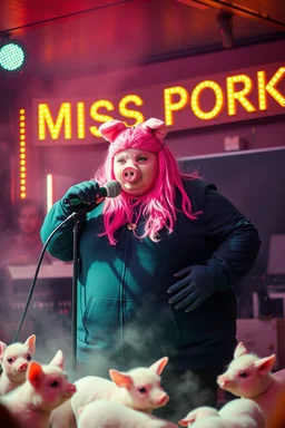 a very fat swedish girl, with skimask with called "Fröken Fläsk" performing at dance club, her name is "Fröken Fläsk" piglets On stage, yellow Neon lights and smog, and "FRÖKEN FLÄSK" big sign on the wall, she singing with mic
