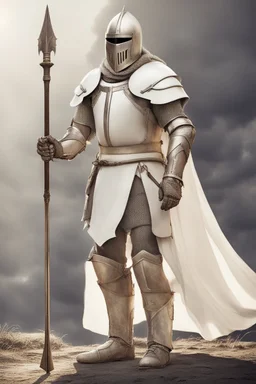 Picture of a knight wearing white armor and white cape with white helmet, holding a spear