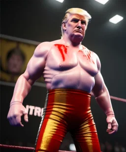 Realistic photo, Wrestler Donald trump, wrestling, sweat, blood, red breeches, suspenders, retro style, 80s, hot ambient, photo studio, vibrant color, gradient, highly detailed, art stations, concept art, smooth, unreal engine 5, god rays, ray tracing, RTX, lumen lighting, ultra detail, volumetric lighting, 3d, finely drawn, high definition, high resolution.