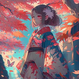 a girl wearing a kimono with ornaments and the leaves are falling from the trees near street filled with beautiful cherry trees futurism, anime style, digital art, full details, high resolution, colorful, 4k, HD