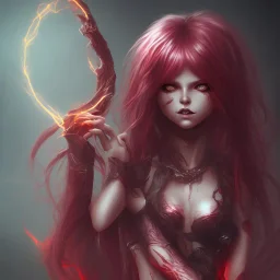 evil satanic girl, full body, smiling, crimson flaming hair, glowing veins, bloody dark cave background,