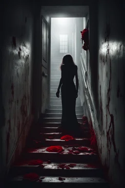 a broken red rose and a broken, bloody, torn, beaten woman lies at the bottom of a dirty staircase. At the top of the stairs stands the silhouette of a massive man, behind him a small light leaks through an open door, dramatic, gloomy atmosphere, sad, weird, dark colors, cinematic, realistic picture