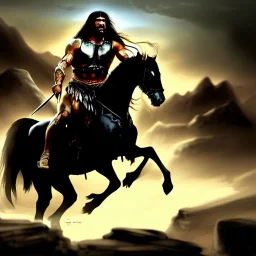 ultra detailed portrait of Conan the barbarian Riding a black horse, wearing armor and Sword, extremely detailed digital painting, extremely detailed face, in the style of robert e howard and Simon Bisley and Ashley Wood, mystical colors, rim light, beautiful lighting, 8k, stunning scene, raytracing,perfectly centered image, perfect composition