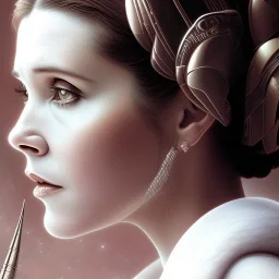 extremely detailed 8k hyperspace wallpaper,complete and photo realistic detailed head to waist stunning photo realistic portrait of carrie fisher as Princess Leia in star wars with photo realistic fine and simple hairstyle, brown eyes, professional majestic photo realistic painting by Ed Blinkey, Atey Ghailan, by Jeremy Mann, Greg Manchess, Antonio Moro, trending on ArtStation, Intricate, High Detail, Sharp focus, dramatic, by greg rutkowski, realism, beautiful and detailed lighting,