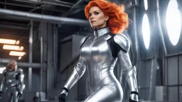 Laureline, the fiery-haired heroine known for her muscular frame and ample bosom, strides confidently in her skin-tight silver spacesuit that hugs every curve of her body. The reflective material of her suit catches the ambient light, giving her an ethereal glow as she moves with purpose through the enigmatic surroundings. The rectangular warehouse itself is a study in strangeness, filled with alien materials and starships to ripple and shift as if alive.