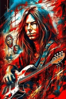 A ultra realistic poster of a wild guitar rock in layer with long hair , having word sign as “street art ”, by Daniel Castan Carne Griffiths Andreas Lie Russ Mills Leonid Afremov, red background, fine lines draw, smile