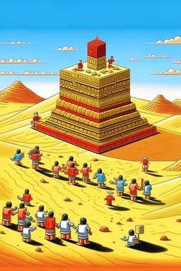 giant match box with pepe on the top smoking in the desert with small people around n the style of Hiroshi Nagai