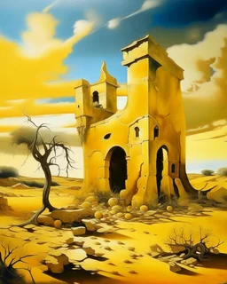 Golden yellow ancient ruins in daylight painted by Salvador Dalí