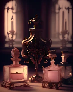 generate me an aesthetic photo of perfumes for Perfume Bottles with Antique Candelabras