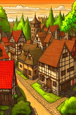 Handdrawn, medieval city, merchant, village, forest