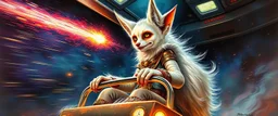 master oil painting by Rembrandt, scary ai sami white fox gremlin woman captain on space bus through space neon comet shower , space water fall, motion blur background, goa trance poster