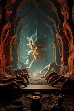 Bosch nightmares paint inf style Title: a laptop computer , intricate insanely detailed octane render trending on artstation, 8k artistic photography, photorealistic concept art, soft natural volumetric cinematic perfect light, chiaroscuro, award-winning photograph, masterpiece, oil on canvas, Raphael, Caravaggio, Greg Rutkowski, people, beksinski, Giger