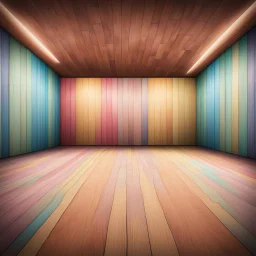 Central Symmetrical View Of A Colorful Wooden Floor & Wooden Wall With Subtle Colored Brush Strokes In An Empty Room With Marquee Light Setup.