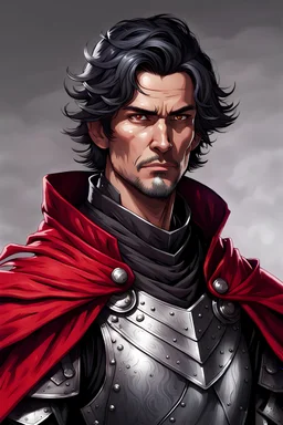 40-year-old boy with black silver highlight hair and a hairstyle with red-colored eyes in armor cloak