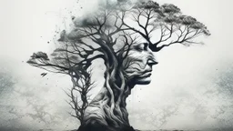 Cover Art. Dark. Ink Water color tree Portrait Dry and cracked skin dry tree double exposure. minimal. Rock music cover Art, . Surreal Art.