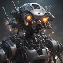 a portrait of an evil combat robot. photorealistic. lots of greebling; little hoses, lights, and weapon systems