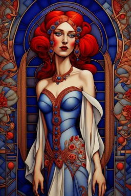 3D image, a beautiful art deco bride with red hair, white and blue veil, beautiful eyes, red lips, blue flowers, bold gold, sensuality, fantastical surrealistic, elegant, beautiful high definition acrylic art, sunrise, watercolor patchwork, Daniel Merriam style, Ivan Bilibin, Ernst Haeckel, Jean-Baptiste Monge, Picasso, Caspar David Friedrich, Jacek Yerka, Richard Dennis, Joe Fenton, Andree Wallin, İsmail İnceoglu, Wassily Kandinsky, Thomas Kinkade, line art, artstation, extremely detailed, intr