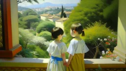 Neoclassicism japanese childeren looking at garden realistic cote d'azur painting