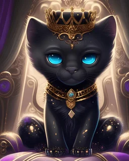 'Prince Meow' - a black jaguar in a prince's outfit, ready to claim his throne; cute, cartoon style, big eyes, long whiskers, adorable, glittery, sparkly, radiant, glowing, throne room