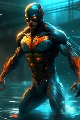 buatkan gambar realis tokoh superhero berbadan kekar manusia ikan punya kekuatan mengendalikan tanah, air, angin, dan api