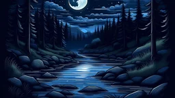 draw a picture of a river in the wilderness with a nighttime atmosphere