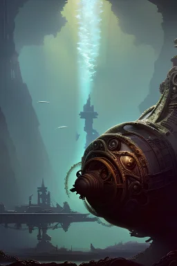Jules Verne submarine, underwater ruins, Epic cinematic brilliant stunning intricate meticulously detailed dramatic atmospheric maximalist digital matte painting