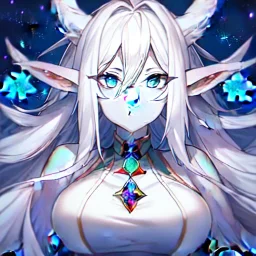 cosmic mage, elf, female, battle mage, epic, cosmic magic, long ears, white hair, face details, pale skin, jewellery, broad shoulders, sharp ears, cosmic clothes, cosmic eyes, ears shown, light out of eyes, the cosmos in eyes, stars in eyes, shining eyes, non human face, thin face, animation, detailed ears, magical eyes, non realistic, closed mouth, bigger make up, smile