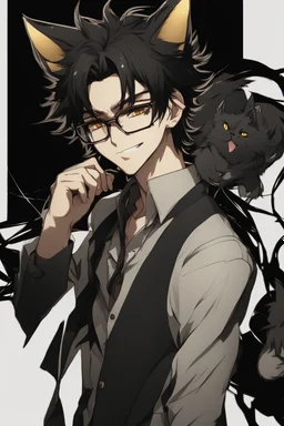 Anime style man with messy black hair and black cat ears. gold eyes. Glasses. Smirking.