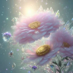 one big crystal subtle flower in a galactic ambiance with a beautiful fairy, transparent petals, delicate colors, in the foreground, full of details, smooth，soft light atmosphere, light effect，vaporwave colorful, concept art, smooth, extremely sharp detail, finely tuned detail, ultra high definition, 8 k, unreal engine 5, ultra sharp focus