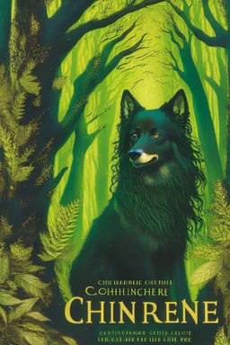 book cover, In the heart of a dense and enigmatic forest with towering ancient trees cloaked in emerald, yellow and amber foliage stands a witch possessing an ethereal allure her lustrous hair cascading in ebony waves down to her slender waist In the background one can just make out a majestic canine of Belgian shepherd lineage its eyes illuminated by an otherworldly crimson