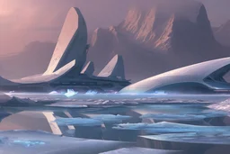 ice, lagoon, seashore, distant futuristic city, epic, sci-fi