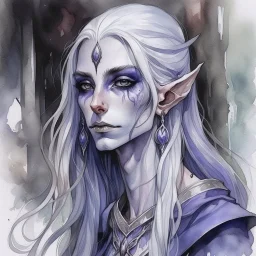 dnd, fantasy, watercolour, large strokes, stylistic, portrait, illustration, dull colours, woman, dark elf, drow, face, narrow long face, cruel face, cold demeanor, purple eyes, piercing eyes, vicious expression, white hair, very long hair streaming down the shoulders, lush hair, elegant, short small mouth, cruel smile