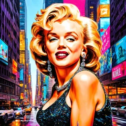 Adobe prompt 80s airbrush poster of Marilyn Monroe in New York City, glitter and gold, in the style of artist Mark Riddick, colourful, hyper-realistic, detailed, vibrant, cityscape background, highly