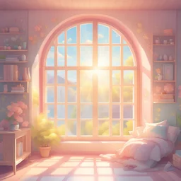 A window through which sunlight enters a beautiful, tidy room Kawaii style