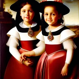 portrait of sisters Eira Santiago Arnau(ten year old, dark blonde) and Dalia Santiago Arnau (six year old, brunette) by Velazquez,smiling, oil on canvas, cinematic composition, extreme detail,8k,fit full head inside picture,