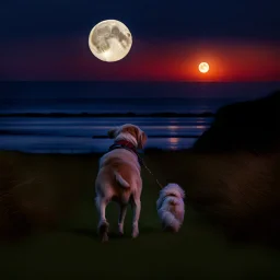 A woma and Irish Sutter dog are iwalking in the field leading to the beach under a full moon,