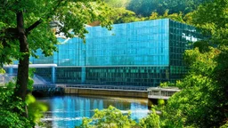 River power plant surrounded by lush greenery, glass blocks reflecting dappled sunlight, creating a vibrant and atmospheric environment that nods to its industrial origins and the essential role of water.