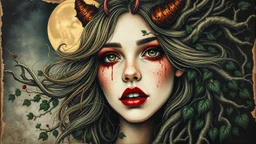 old worn torn, multi-layered cracked canvas, fine detailing with alcohol ink, Captivating realistic painting of a WOMAN, fair face, red lips, splashes of color, HORNS, FANGS, BLOODY TEARS, Multiple exposure, fluffiness, her face is illuminated, her hair merges with swirling fractal vines and tree roots, dark green foliage, symbolizing the unity of strength and wild nature. Flowing hair dissolves into intricate, endless patterns, as if they are protectors and part of the same organic force. Moon