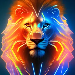A beautiful portrait of a cyborg lion blue neon color scheme, high key lighting, volumetric light high details psychedelic background
