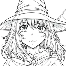 outline art for square witch portrait coloring page for kids, classic manga style, anime style, realistic modern cartoon style, white background, sketch style, only use outline, clean line art, no shadows, clear and well outlined