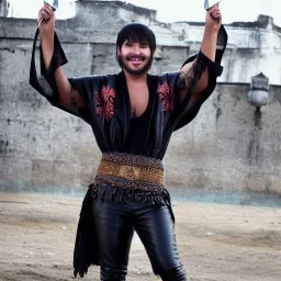 a young man wearing leather pants, a dirty mexico-themed poncho, bowl-cut haircut, light facial hair, full body shot, holding 2 daggers with a smile