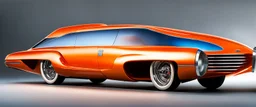 award winning car and driver photograph of a futuristic station wagon designed by only one vehicle per image painted metallic orange traveling at a high rate of speed, jet intake off of front center of vehicle and jet exhaust out the rear with bright blue flame, bilaterally symetrical, more a high speed road vehicle