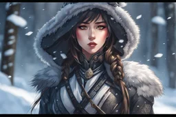 Beautiful girl in 8k anime realistic drawing style, ronin custom, kindred mask, close picture, snow, apocalypse, intricate details, highly detailed, high details, detailed portrait, masterpiece,ultra detailed, ultra quality