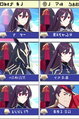 A portrait of a human woman with long brown hair and red eyes wearing competitive horse riding clothes, riding a black horse, modern dressage arena setting, anime style, intricately detailed, masterpiece, HD, 4k
