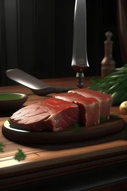 picture of meat and knife in background realistic with tyme and rosemary