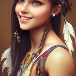 Native American girl, cute, beautiful, long hair, brown eyes, black hair, smiling