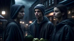 a young man with an angry face in front of and young women,on the store vegetable,dark winter,home scenery,a big city,mist,city,day ,stars,city lights on a distance,cloud,home reflections,,dramatic scene,photorealistic,zoom