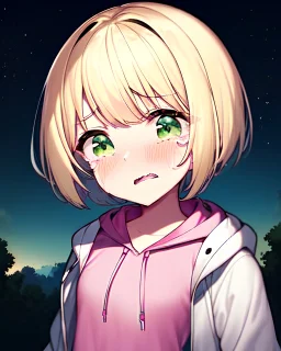 young girl, blonde short tidy hair, green dark eyes, open white hoodie, pink undershirt, small bust, scared, terrified, tears, park setting, nighttime, solo