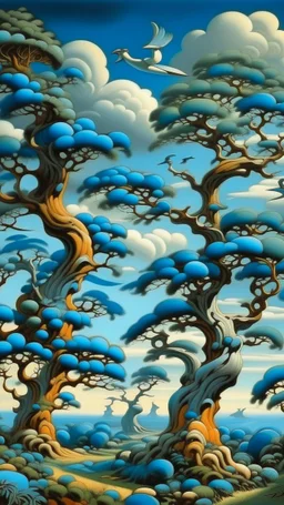 Cerulean treetops with birds painted by Thomas Hart Benton